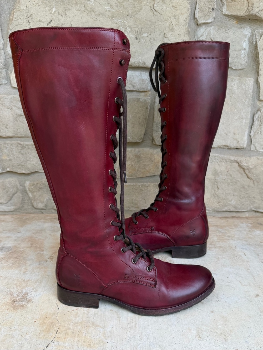Frye 10 Oxblood Tall Melissa Lace Up Military Boots